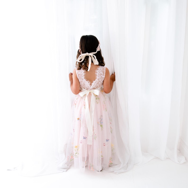 May include: A floor-length sleeveless dress in pale pink featuring a white lace bodice with a deep V-back, a satin ribbon tie at the waist, and a tulle skirt adorned with colourful embroidered floral and butterfly patterns, paired with a lace headband.