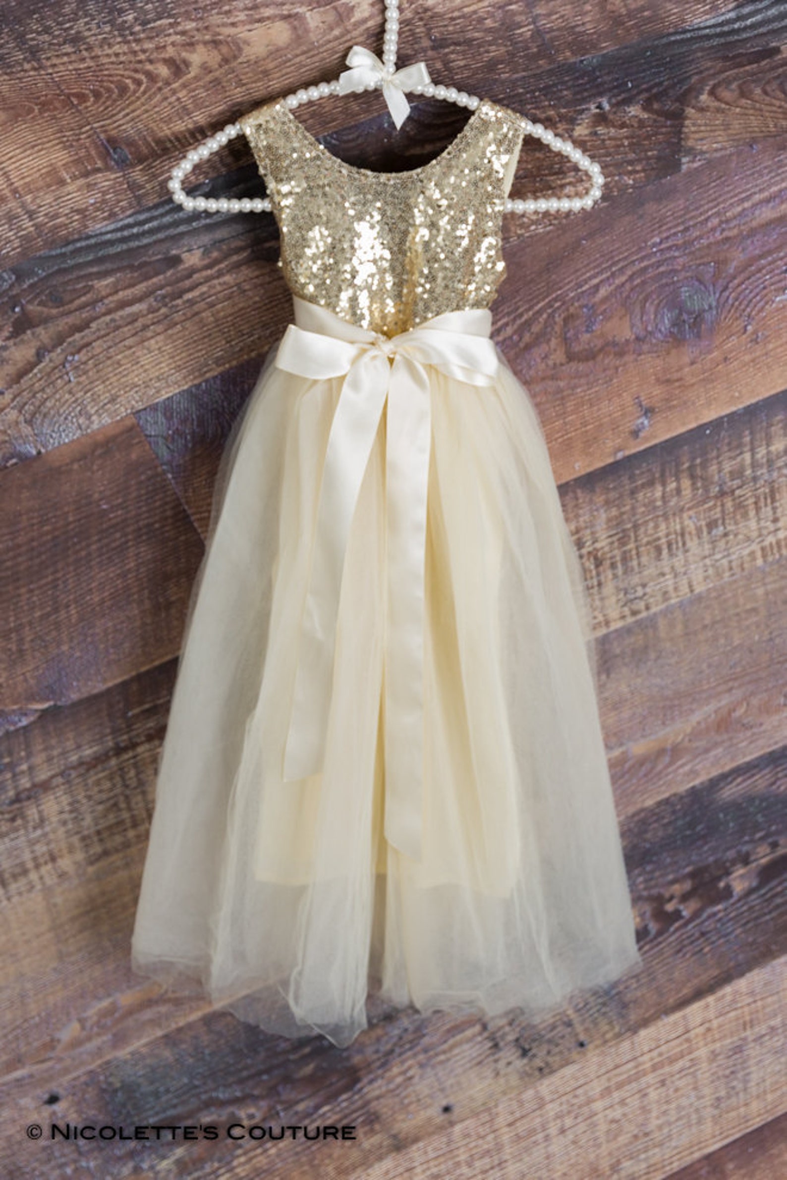 Romantic Gold Sequin Flower Girl Dress, Elegant Ivory Tulle Floor