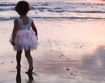 White Lace Flower Girl Dress, Blush Pink Tulle Wedding dress, White Wedding, Tutu Dress, Boho Chic, Country, Couture, Pearl Detail Alanna