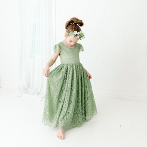 Vestido de niña de flores verde salvia, vestido de novia de tul boho rústico, vestidos boho verdes, vestido de encaje adolescente imagen 3