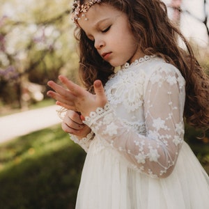 Boho Lace Flower Girl Dress, Bohemian Ivory Tulle Wedding Dress, Rustic Lace Dress, Boho Christening Gown, Baptism Dress, Communion image 8