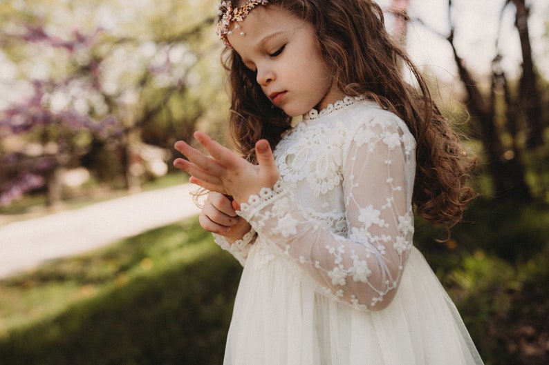 Bohemian Lace Flower Girl Dress, Rustic Ivory Tulle Wedding Dress, Bohemian Lace Dress, Boho Christening Gown, Baptism Dress image 8