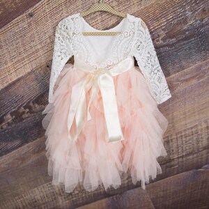 White Lace Flower Girl Dress, Blush Pink Tulle, Long Sleeve Wedding dress, Romantic Boho Dress image 5