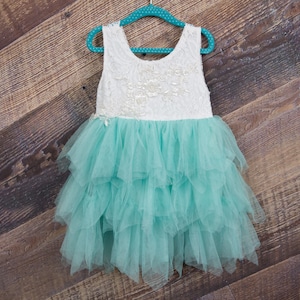 White Lace Flower Girl Dress, Mint Tulle Wedding Gown, Sage Princess Tutu, Beach Wedding, Girls Easter Dress, Bohemian