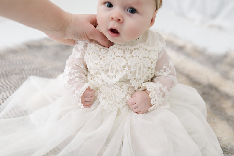 Tyra Ivory Lace Flower Girl Dress, Bohemian Tulle Wedding Dress, Rustic Baby Christening Gown image 6