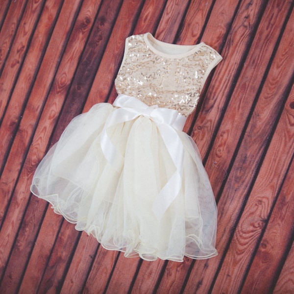 Cream Tulle Flower Girl Dress, Gold sequin dress, Yellow Tulle, Gold Cream Wedding, Sash Belt set, Gold glitter dress, tutu dress, Ball Gown