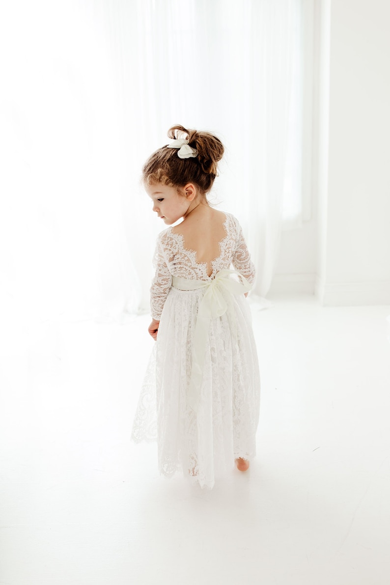 White Paisley Boho Flower Girl Dress, Rustic Lace Tulle Wedding Dress for Girls, Flower Girl Proposal Outfit image 1