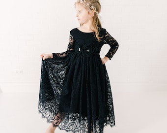 Vestido bohemio negro para niña de las flores, vestido de novia rústico de encaje para niña pequeña, vestido de fiesta formal de playa