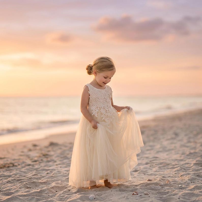 Boho Ivory Flower Girl Dress, Tulle Wedding Dress for Girls, Will You Be My Flower Girl Proposal Outfit, Bohemian Junior Bridesmaid Dress image 1