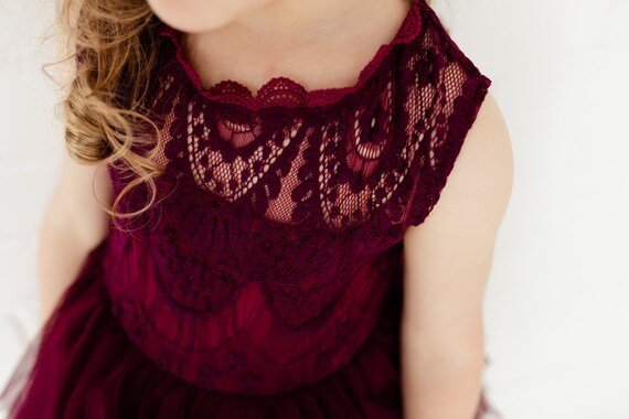 Bohemian Burgundy Flower Girl Dress, Wine Tulle Fl