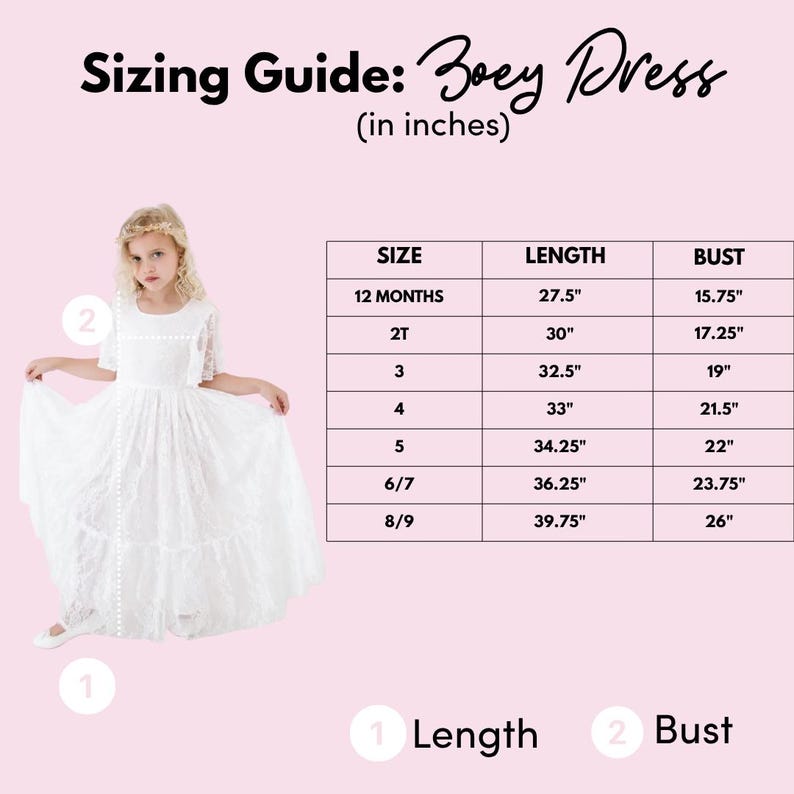 May include: A sizing guide for the Zoey Dress featuring a table with measurements in inches for sizes 12 months through 8/9. The table lists length and bust dimensions. A child wears a white lace dress with short sleeves and a full skirt.