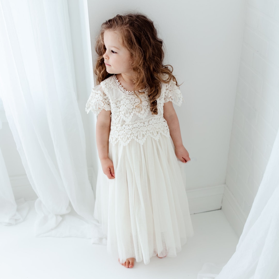 Boho Crochet Flower Girl Dress, Ivory Tulle Wedding Dress, Bohemian