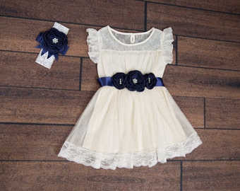 Cream Flower Girl Dress, Tulle, Sash Belt set, Lace dress, Navy Headband Set, Boho Chic dress, Ivory tutu dress