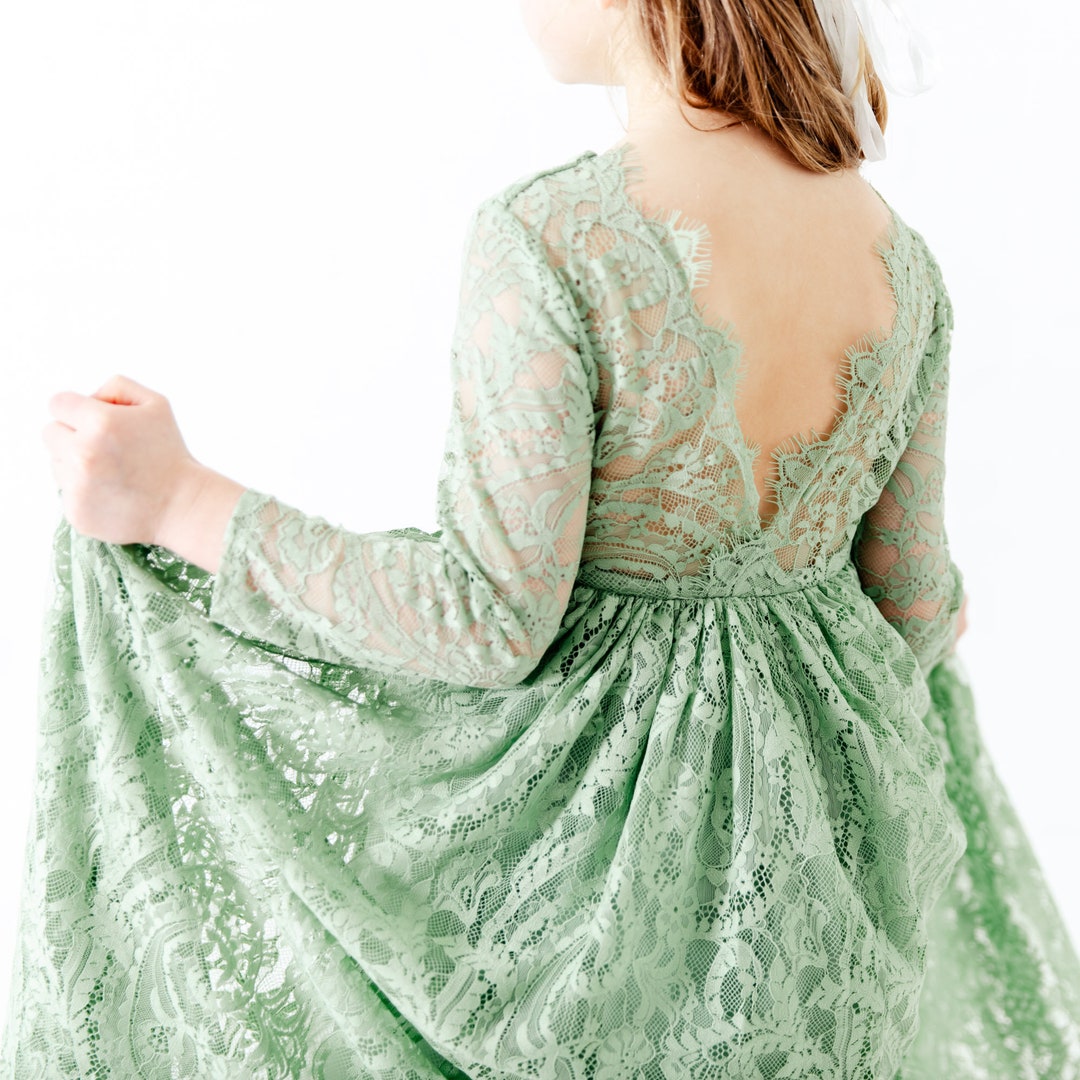 Bohemian Sage Green Lace Dress, Rustic Moss Flower Girl Dress, Bohemian ...