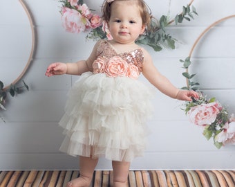 Ivory Tulle Flower Girl Dress, Rose Gold Sequin Dresses, Blush 1st Birthday Dress For Baby Girl. Gigi