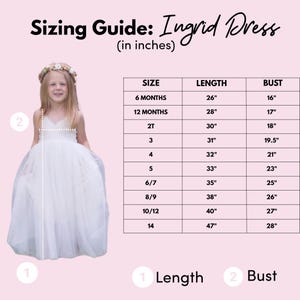 May include: A sizing guide for the Ingrid Dress featuring a table with measurements in inches for sizes 6 months to 14. The chart lists length and bust dimensions, accompanied by a visual of a child wearing a white floor-length dress.