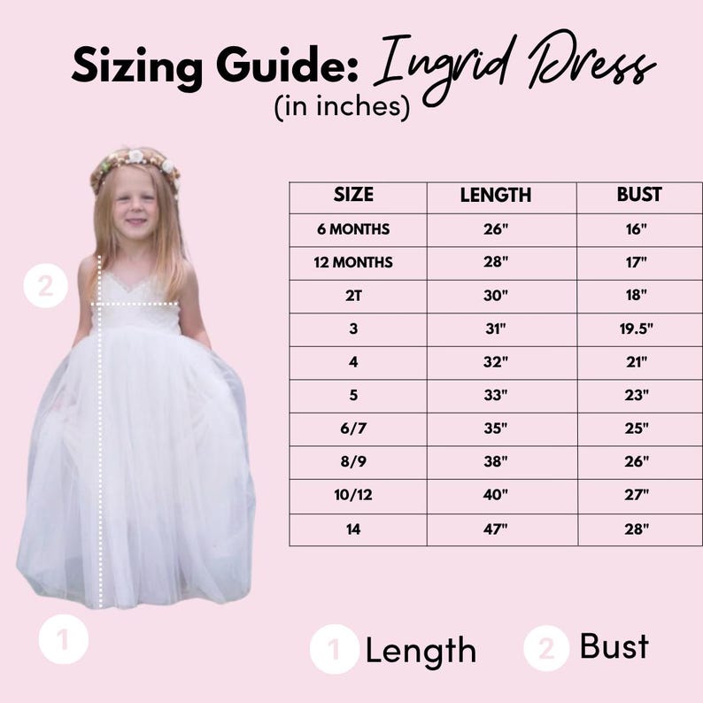 May include: A sizing guide for the Ingrid Dress featuring a table with measurements in inches for sizes 6 months to 14. The chart lists length and bust dimensions, accompanied by a visual of a child wearing a white floor-length dress.