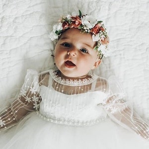 White Lace Christening Gown, Infant Baptism Dress, Long Sleeve Baby Boho Dress, Flower Girl