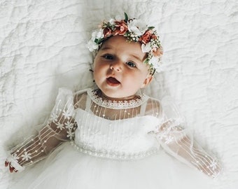 White Lace Christening Gown, Infant Baptism Dress, Long Sleeve Baby Boho Dress, Flower Girl