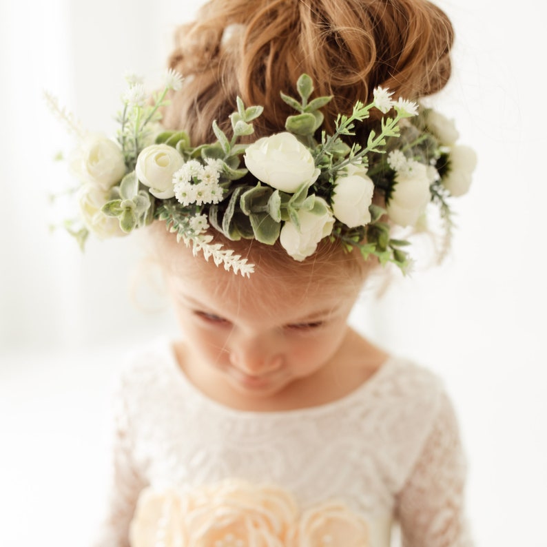 Athena Boho Flower Crown, Ivory Peony Flower Girl Halo, Bohemian Floral Wreath Headpiece for Wedding image 8