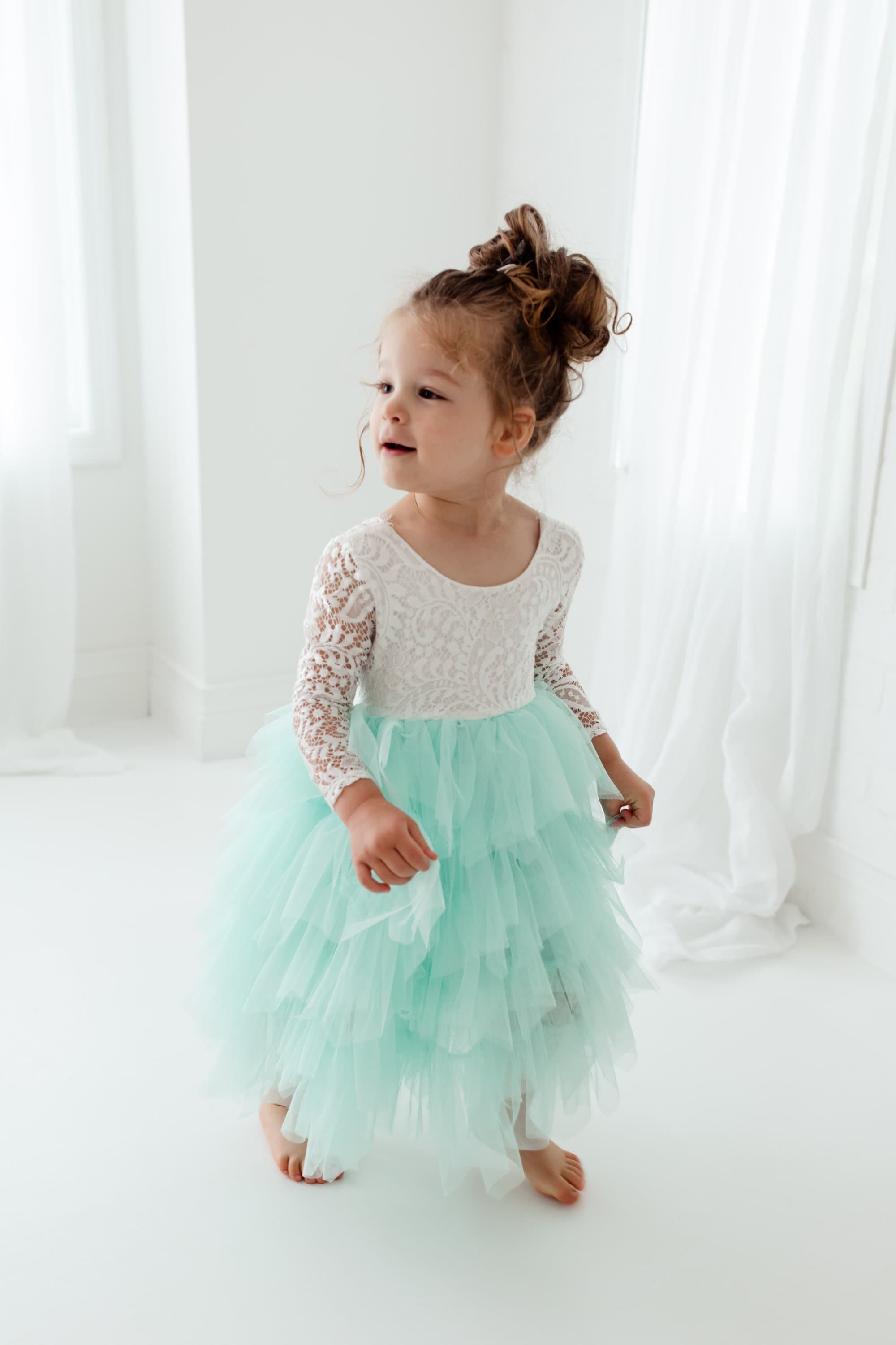 White Lace Flower Girl Dress, Mint Green Tulle Wedding Gown for Girls, Romantic Long Sleeve Aqua Dress White Lace Flower Girl Dress, Mint Green Tulle Wedding Gown for Girls, Romantic Long Sleeve Aqua Dress