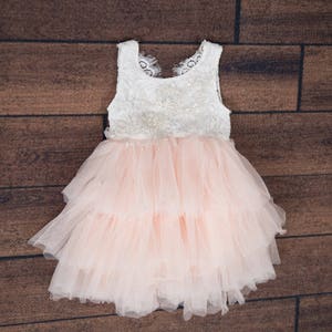 May include: A white and pink tulle dress with a lace bodice. The dress has a layered skirt and is perfect for a special occasion.