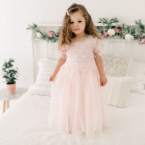Rustic Lace Flower Girl Dress, Blush Pink Boho Wedding Dress for Girls, Rose Gold Tulle Junior Bridesmaid Gown image 6