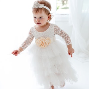 Romantic White Lace Toddler Flower Girl Dress, Boho Long Sleeve Crochet Tulle Wedding Gown for Girls image 5