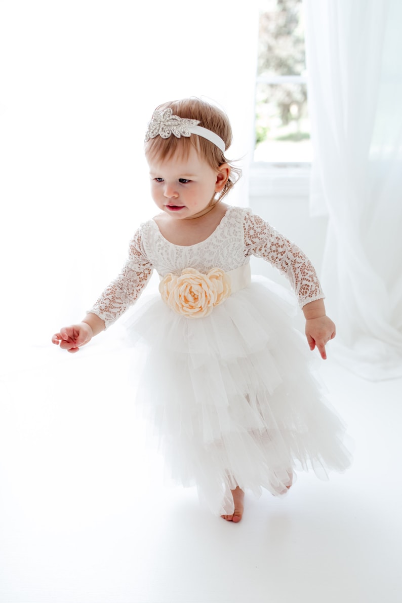 Romantic White Lace Toddler Flower Girl Dress, Boho Long Sleeve Crochet Tulle Wedding Gown for Girls image 5