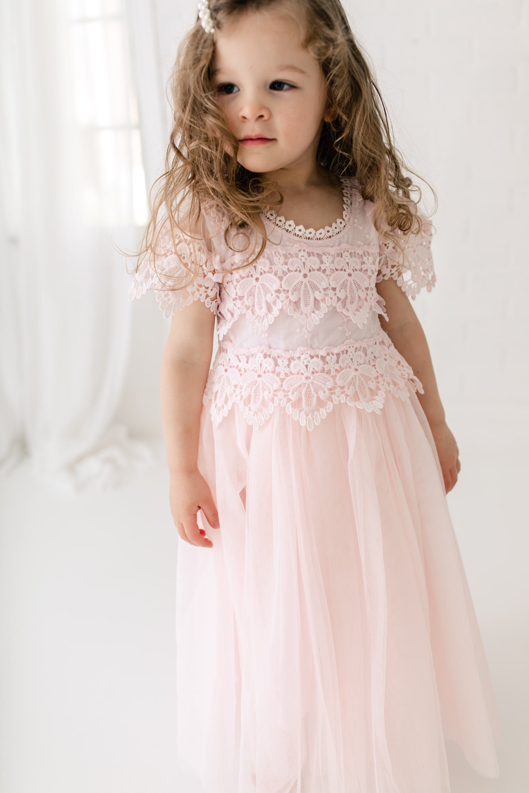 Rustic Lace Flower Girl Dress, Blush Pink Boho Dresses, Bohemian Wedding Dress, Rose Gold