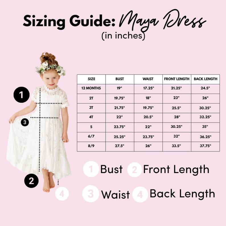 K&ouml;nnte beinhalten: Eine Gr&ouml;&szlig;entabelle f&uuml;r das Maya-Kleid mit Ma&szlig;en in Zoll f&uuml;r die Gr&ouml;&szlig;en 12 Monate bis 8/9 Jahre. Die Tabelle enth&auml;lt Angaben zu Brustumfang, Taillenumfang, Vorderl&auml;nge und R&uuml;ckenl&auml;nge sowie eine Abbildung eines Kindes in einem wei&szlig;en Kleid.