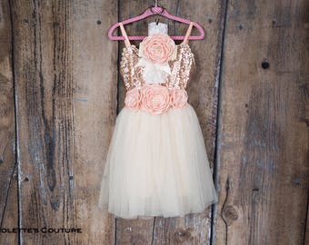 Rose Gold Blush Flower Girl Dress, Ivory Tulle Infant Toddler Rose Gold sequin Gown,Boho Chic Beach Wedding Princess Tutu, Proposal