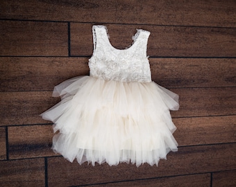White Lace Toddler Flower Girl Dress, Infant Tulle Wedding Gown, Bohemian Beach Princess Outfit