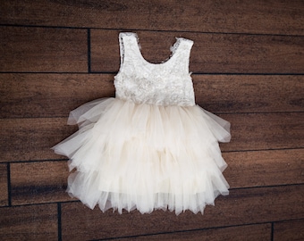 White Lace Infant Flower Girl Dress, Toddler Tulle Wedding Gown, Princess Dress, Boho Beach Wedding