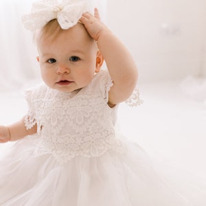 Lace Christening Gown, White Baptism Dress, White Flower Girl Dress, Boho Linen Christening Dress image 1