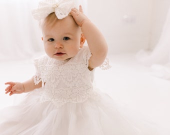 Lace Christening Gown, White Baptism Dress, White Flower Girl Dress, Boho Linen Christening Dress