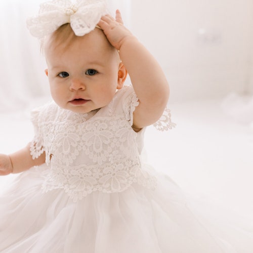 White Lace Christening Gown Infant Baptism Dress Long Sleeve Etsy