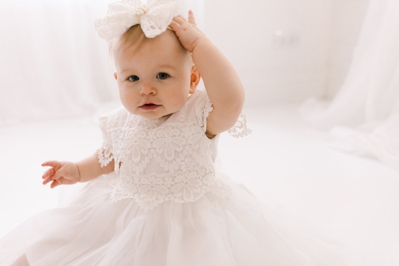 Lace Christening Gown, White Baptism Dress, White Flower Girl Dress, Boho Linen Christening Dress image 1