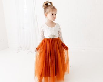 Burnt Orange Tulle Long Sleeve Wedding, White Lace Flower Girl Dress, Rust Floor Length Dress, Terracotta Tulle