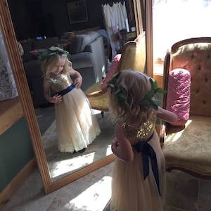 Champagne Gold Flower Girl Dress, Long Sequin Ball Gown, Ivory Beige Boho Lace Dress, Bohemian Beach Wedding Girl Outfit image 1