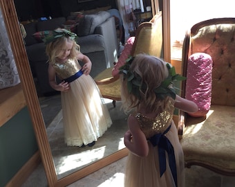 Champagne Gold Flower Girl Dress, Long Sequin Ball Gown, Ivory Beige Boho Lace Dress, Bohemian Beach Wedding Girl Outfit