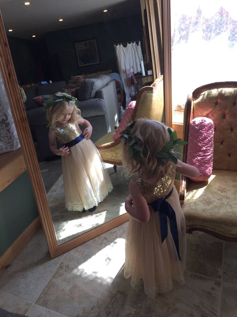 Champagne Gold Flower Girl Dress, Long Sequin Ball Gown, Ivory Beige Boho Lace Dress, Bohemian Beach Wedding Girl Outfit image 1