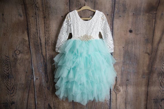 Mint Green Flower Girl Dress, White Lace Long Sleeve Tulle Dress, Aqua Wedding Outfit, Boho Chic Princess Tutu Dress