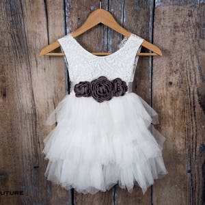 Rustic White Lace Flower Girl Dress, Bohemian Tulle Wedding Gown, Elegant Boho Chic Tutu, First Communion, Christening