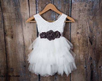 Rustic White Lace Flower Girl Dress, Bohemian Tulle Wedding Gown, Elegant Boho Chic Tutu, First Communion, Christening