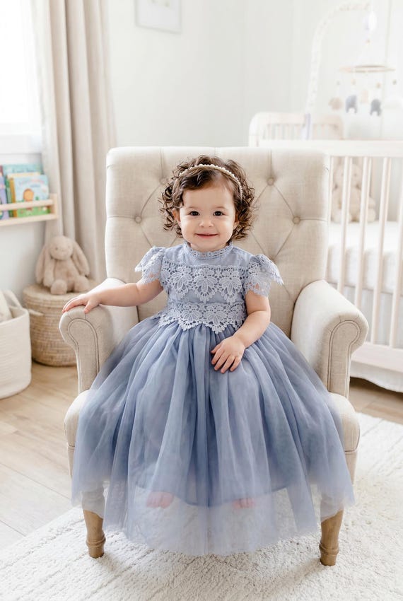 baby blue boho dress Gray Flower Girl Dress, Dusty Blue Lace Tulle Wedding for Girls, Rustic Toddler Princess Dress Gift best sale dresses Mari Backless Strap Butterfly Color:RED Wearing Size