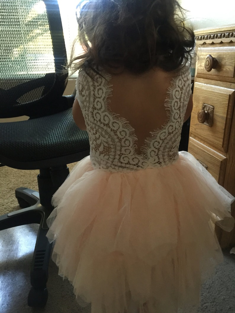 Blush Tulle Flower Girl Dress, Lace Boho Chic Dress, Unique Beach Wedding Dress image 1