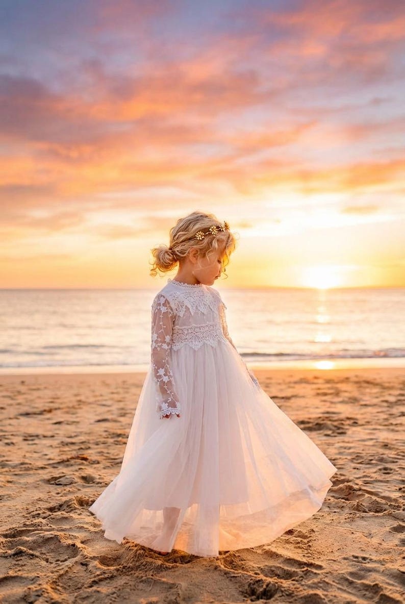 Long Sleeve White Lace Flower Girl Dress, Bohemian Tulle Christening Gown for Baby Girl, Baby Baptism Outfit image 3