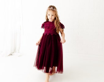 Bohemian Burgundy Flower Girl Dress, Rustic Wine Tulle Wedding Dress, Will You Be My Flower Girl Proposal, Boho Dresses