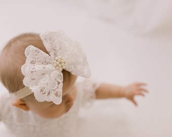 Baby Girl Christening Headband, Flower Girl Bow Headband, Boho White Lace Headpiece